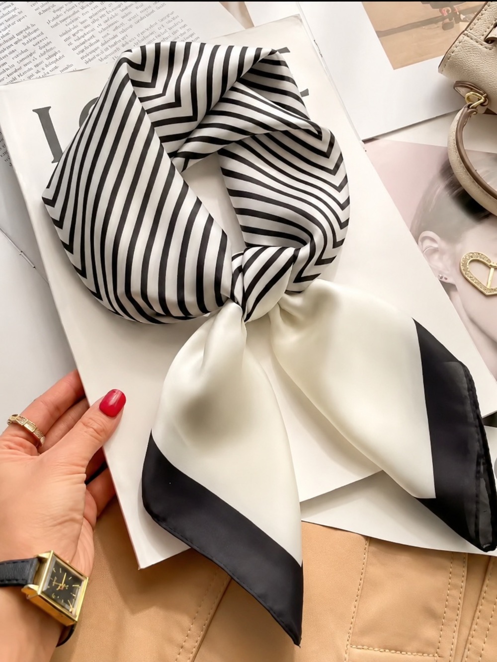 Black Cream Striped Square Scarf Geometric Satin 27.5” | New